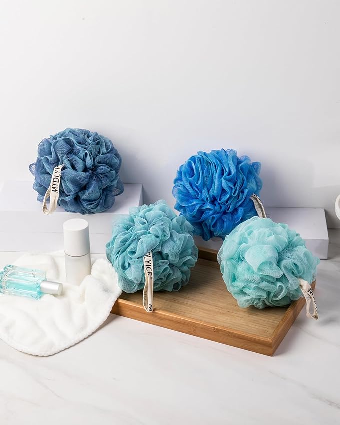 Loofah Sponge, XXL Large Loofah 100g 4 Pack, Bath Sponge Soft Mesh Shower Loofah for Men, Body Scrub, Shower Pouf Bath Accessories, for Body Wash, Soap (Blue)