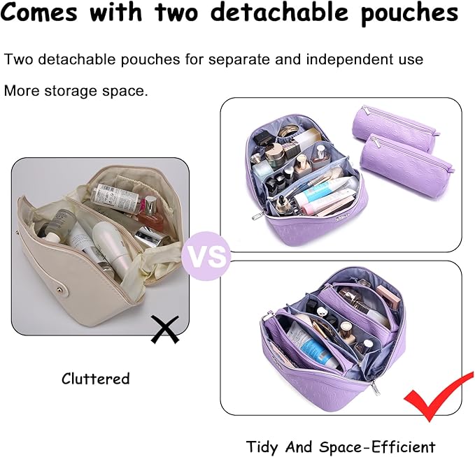 BOYATU Travel Makeup Bag for Women: Cosmetic Organizer Bag with Compartments - Leather Make up Bags Set of 3 (Purple)