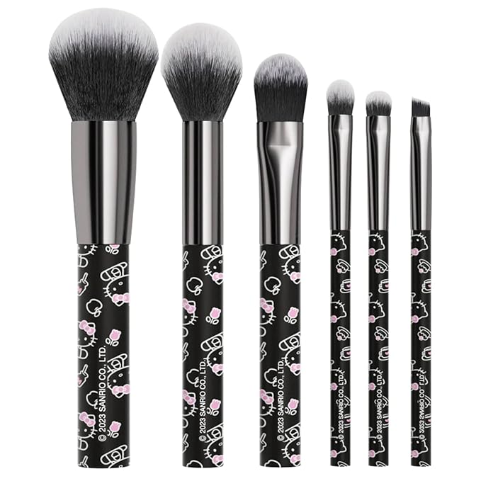 Impressions Vanity Hello Kitty The Favorites 6 PCs Makeup Brush Set, Hello Kitty Signature Bow Super Soft Brushes for Foundation, Face Powder, Blending, Eye shadow, and Liner Application (Black)