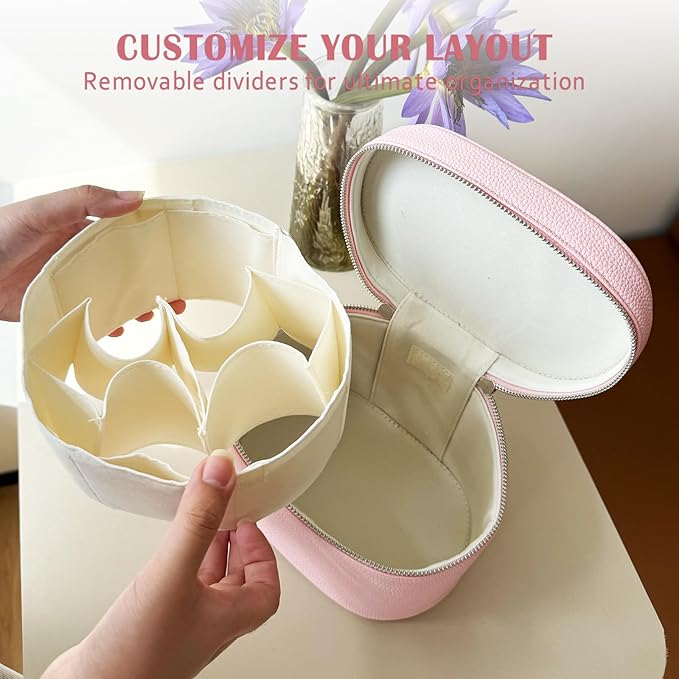 KJMYYXGS Leather Makeup Bag with Dividers Make Up Organizers with Compartments and Handle for Vanity Travel Makeup Countertop Case (pink)