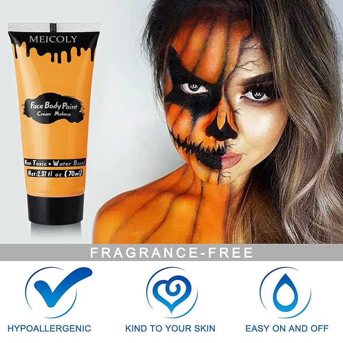 MEICOLY Orange Cream Face Body Paint,2.37Oz Large Tube Water Based Washable Face Paint,Non-Toxic Full Body Paint for Adults and Children, Pumpkin Halloween SFX Special Effects Cosplay Makeup,Orange