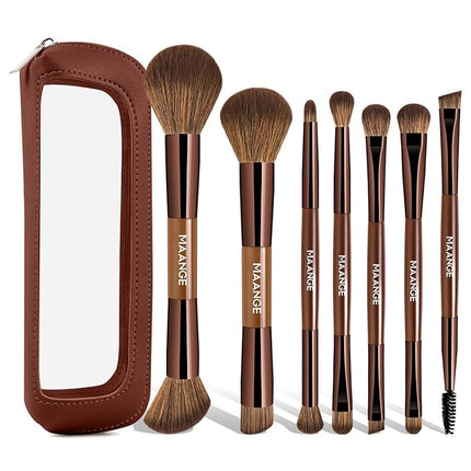 MAANGE 7 PCS Foundation Makeup Brush Set With Bag, Make up Brushes, Eyeshadow Concealer Brush, Double-ended Foundation Contour Powder Blush, Professional Face brush Set Tools For Liquid,Cream (Brown)