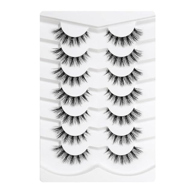 Happy Heartbeat 3D Clear Band Lashes Spiky Cat Eye False EyeLashes D Curl 12mm Short Manga Wispy Natural Reusable Soft Thin Invisible Band Fake lashes 7 Pairs (No.206)