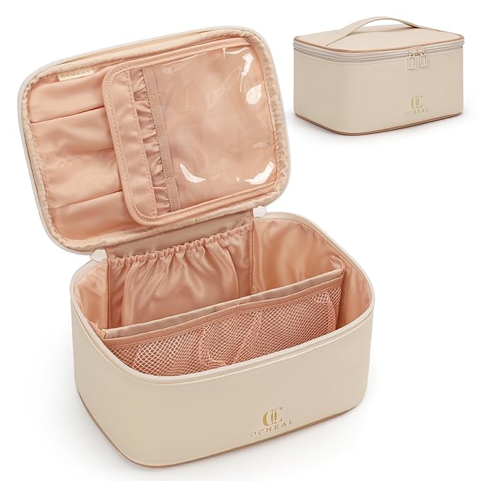 OCHEAL Beige Makeup Bag,Travel Makeup Organizer Bag, Large Capacity Cosmetic Bags For Women Large Travel Toiletry Bag Girls Traveling With Brush Slot And Divider-White
