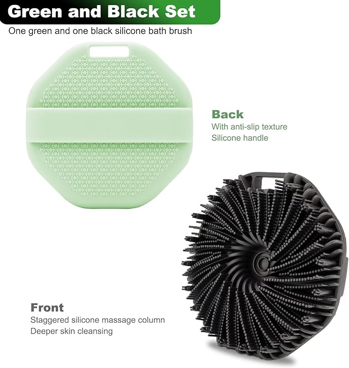 2-Pack Silicone Body Scrubber Shower Brushes,Exfoliating Body Scrubber for All Skin Type, Eco Friendly Shower Scrubber for Body, Silicone Body Brush for Showering (Black & Green)