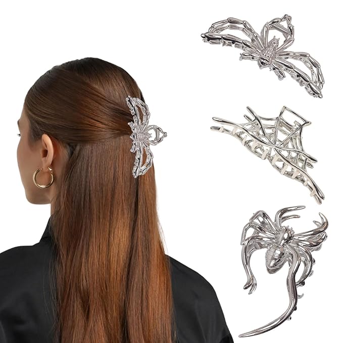 3 Pcs Halloween Claw Clips for Women, Gothic Hair Claws Silver Metal Spider Big Jaw Clamps Hair Accessories for thick Hair Styling Tool Holiday Gifts(Silver)