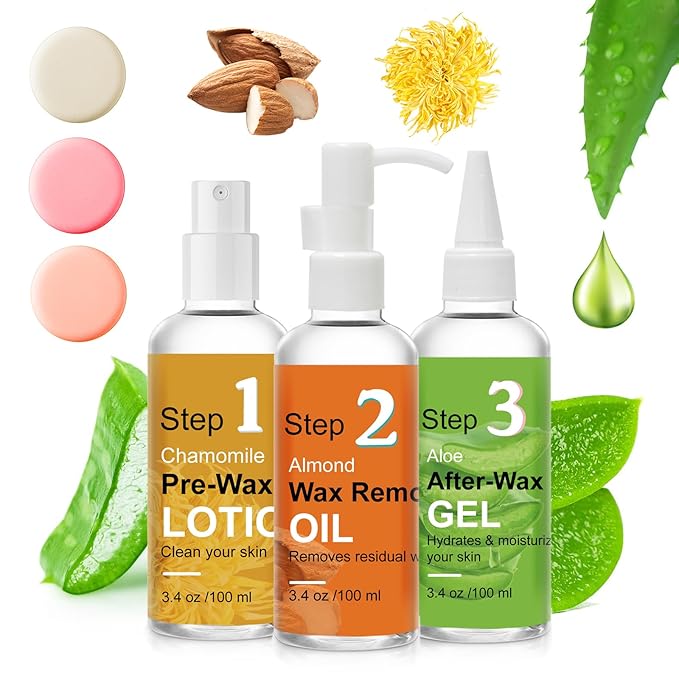 Pre Wax Spray and After Wax Spray, Triple-bottle Skin Care Set with Pre-wax Cleanser, Wax Remover Oil and Skin Soother Organic Aloe Vera Gel for Sensitive Skin - 100ML