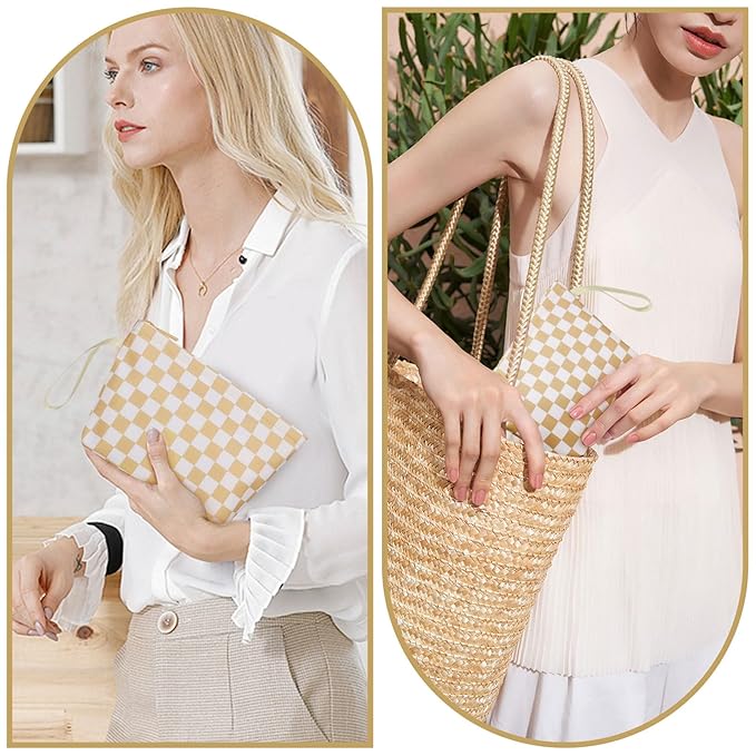 Ethereal Small Makeup Bag, Checked Travel Makeup Bag with Makeup Brush Holder, Cosmetic Bag Black Make up Pouch for Women/Girls