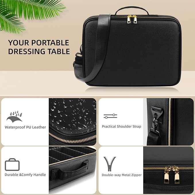 15“×11“Professional Makeup Train Case,Large Waterproof Travel Makeup bag with Mirror and Light, Leather Black Make up Bag with Mirror and Light,Led Makeup Case with Adjustable Dividers