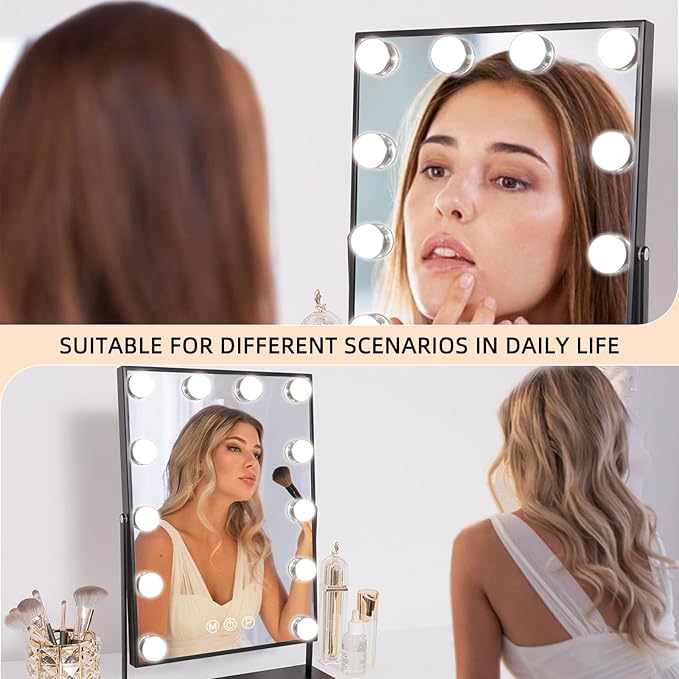 FENCHILIN Lighted Makeup Mirror Hollywood Mirror Vanity Makeup Mirror with Light Smart Touch Control 3Colors Dimable Light Detachable 10X Magnification 360°Rotation(Black)