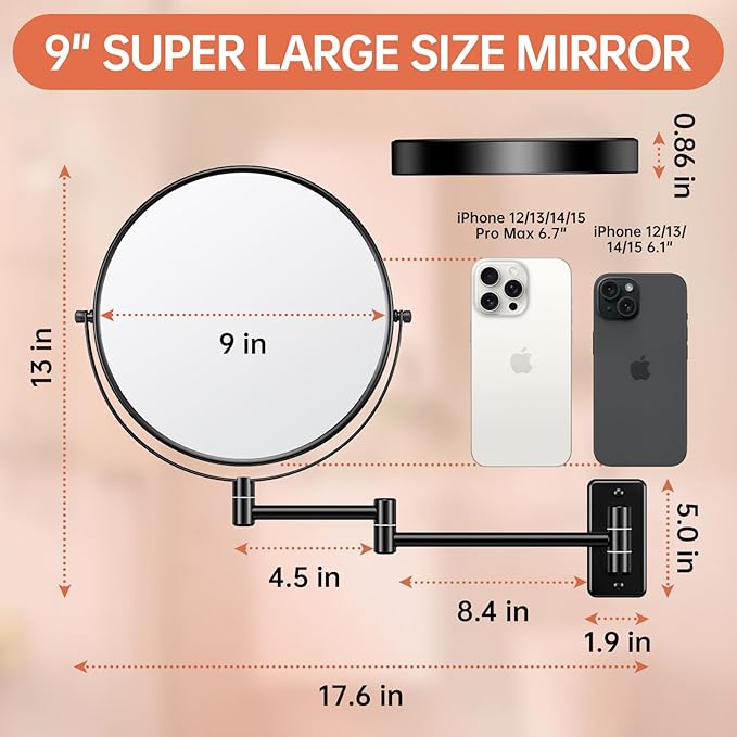 Benbilry 9" Large Size Wall Mounted Makeup Mirror, 1X/10X Magnifying Double Sided Shaving Mirror for Bathroom, 360° Swivel Extendable Arm, Black