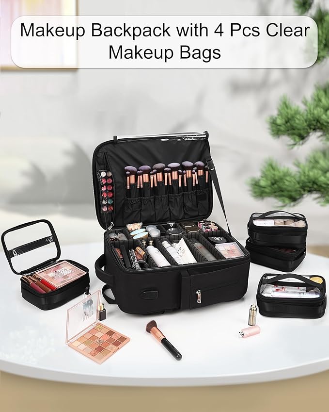 Relavel Makeup Backpack - Extra Large Train Case with 4 Pack Clear Bags, Professional Makeup Artist Kit Set Bag