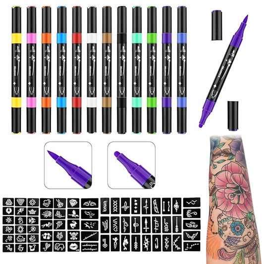 Ponhey Temporary Tattoo Markers for Skin, 12 Body Markers+67 Large Tattoo Stencils,Dual-End Tattoo Pens,Fine Lines with Cosmetic-Grade,Flexible, Skin-Safe Face Paint Kit for Kids Teenage Adults