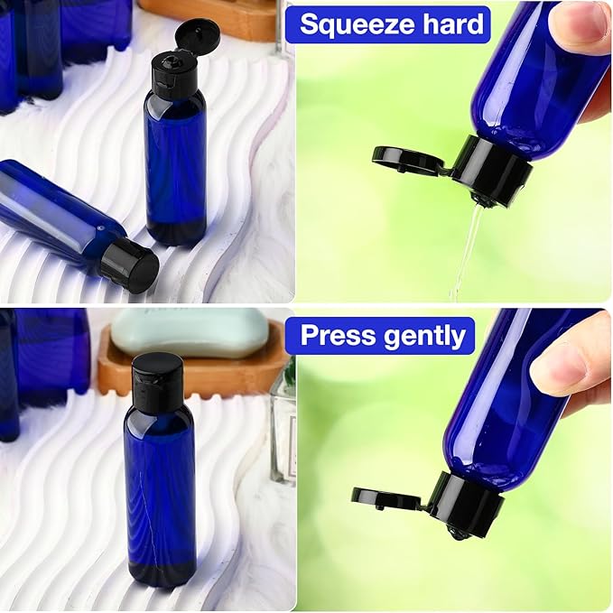 Zhehao 200 Pcs 2 oz Blue Plastic Empty Bottles Small Travel Size Bottles with Flip Cap Empty Transparent Dispenser Container for Liquids Toiletries Shampoo Lotion (Black Cap)