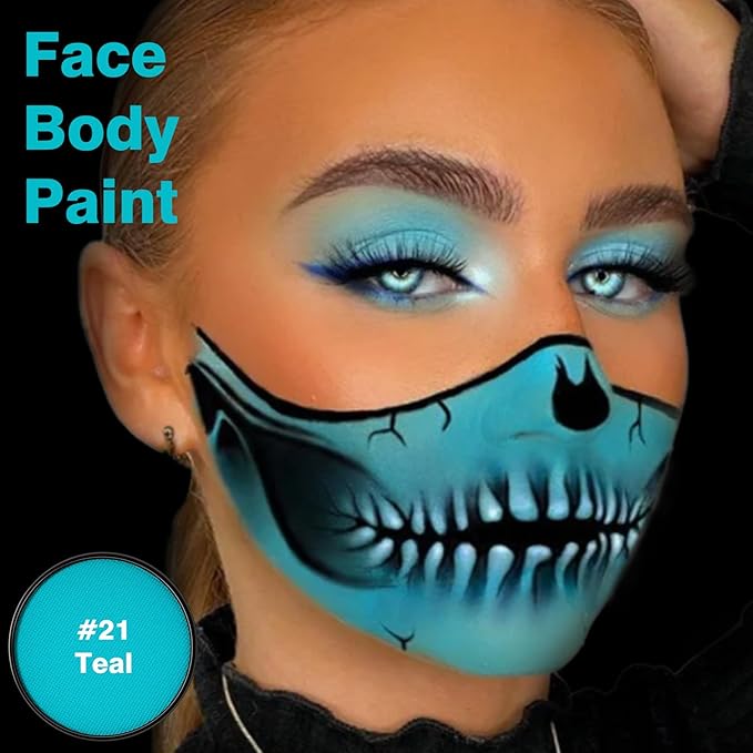 Teal Face Body Paint Makeup 30G,Professional Stage Screen Halloween,Teal Face Body Paint Makeup for Halloween Costume Theater Dress-Up Peacock Corpse Bride Sally Sea Smurf Makeup-21