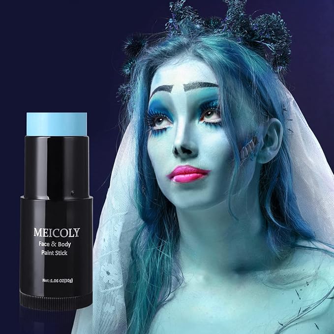 MEICOLY Light Blue Face Body Paint Stick(1.06 Oz),Baby Blue Face Paint Sadness,Sweatproof Waterproof Pale Blue Body Paint for Corpse Bride Halloween SFX Avatar Sally Makeup,Eye Black Stick