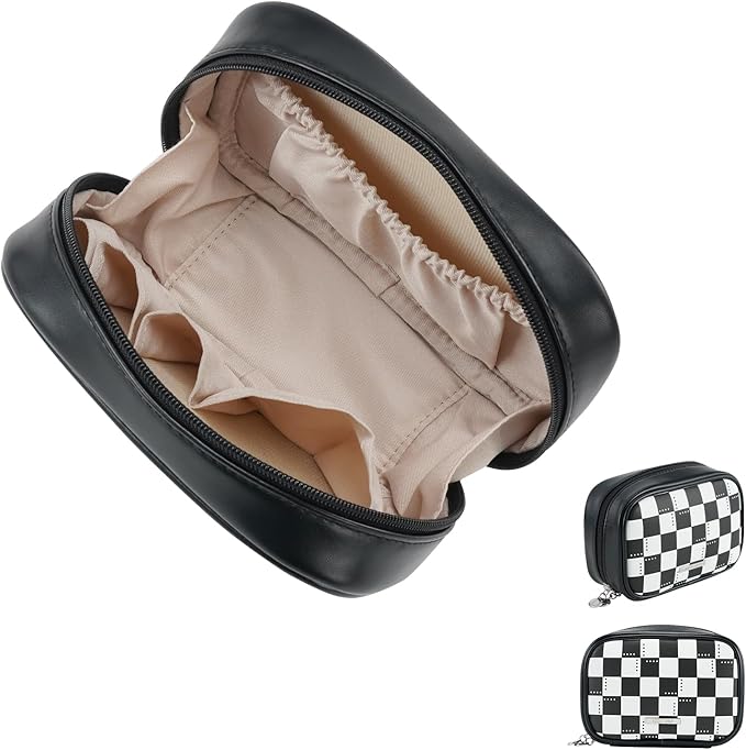 RIGHT AWAY Checkered Makeup Bag for Purse,Small Cosmetic Bag Organizer for Women, Travel Make Up Pouch Waterproof Toiletry Bag Cute Makeup Case for Travel Accessories(Black Checkerboard)