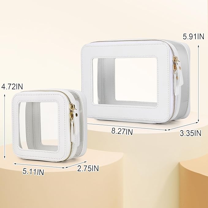 Pinkmik Clear Makeup Bag with Zipper Waterproof Travel Makeup Set for Cosmetics and Toiletries Women's Purse Organizer and Car Essentials (White, M+MINI-1)