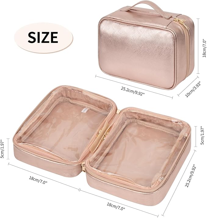 OCHEAL Makeup Bag, Makeup Travel Bag Large Capacity Cosmetic Organizer with Makeup Brush Compartment & Handle for Women Girls Travel Toiletry Accessories-Rose Gold