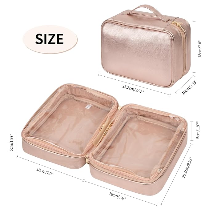 OCHEAL Makeup Bag, Makeup Travel Bag Large Capacity Waterproof Cosmetic Organizer with Makeup Brush Compartment & Handle for Women Girls Travel Toiletry Accessories-Rose Gold