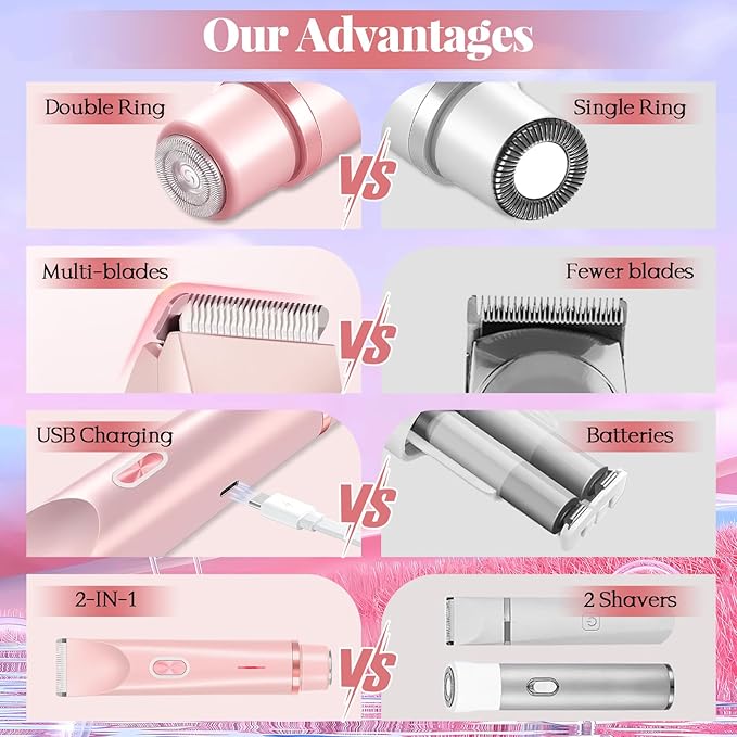 Dermave Bikini Shaver 2.0, Dual Head Electric Bikini Trimmer for Women, 2 in 1 Wet and Dry Waterproof Glow Aura Womens Shaver for Face, Legs, Underarm (Pink)