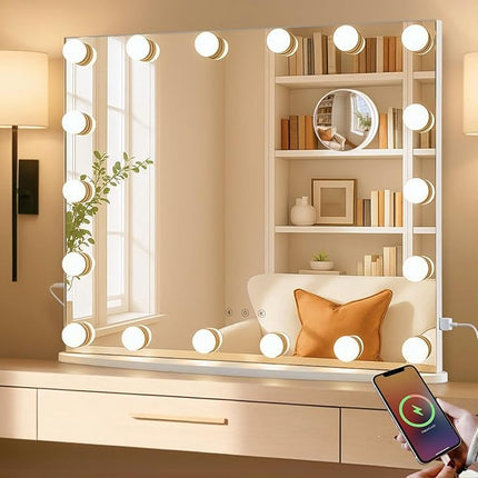 LUXFURNI Vanity Mirror with Lights, 23.6" x 20.5" Hollywood Mirror, Light Up Makeup Mirror with 18 LED Bulbs for Bedroom Desk, 3 Color Lighting Modes, Tabletop & Wall Mount, USB Charging Port