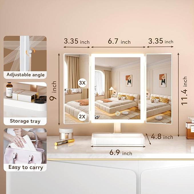 3- Folding Makeup Mirror, 76 LED Beads, 3 Adjustable Color Modes,Long Press The Touch Button to Adjust The brightness1%-100%, 1x / 2X / 3X Magnification，Rechargeable (Ivory White)