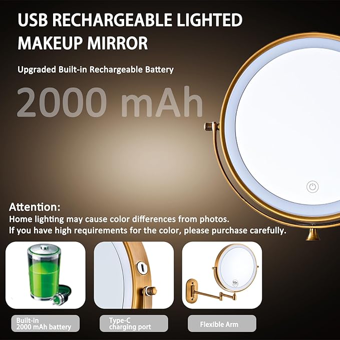 Rechargeable Wall Mounted Lighted Makeup Vanity Mirror 8 Inch Double Sided 1X 10X Magnifying Bathroom Mirror, 3 Color Lighting, Touch Screen Dimming, 360 Rotation Shaving Mirror…