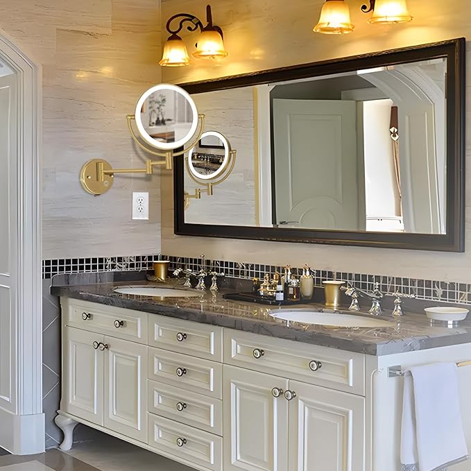 Wall Mounted Lighted Makeup Mirror with Magnification 5X, Rechargeable Bathroom Magnifying Shaving Cosmetic Mirror with Extension Swing Arm, Touch Stepless Dimming, Brushed Moderne Brass