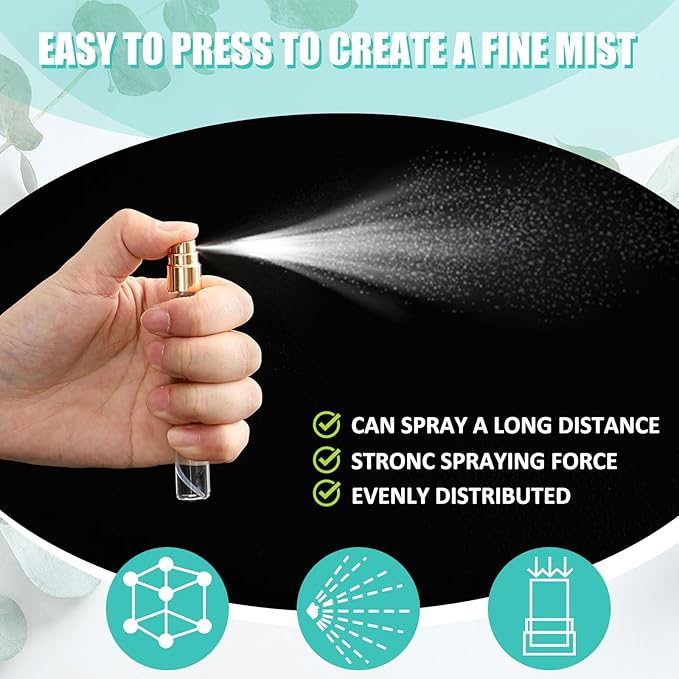 Zhehao 100 Pcs Mini Spray Bottles 10 ml Clear Glass Perfume Bottles Refillable Fine Mist Perfume Atomizer Portable Empty Sample Containers for Cleaning, Essential Oils, Travel (Gold Cap)