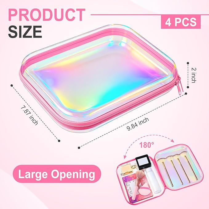 Hoolerry 4 Pcs Hard Clear Zipper Case Makeup Bags Plastic Pencil Pouch Transparent Storage Box Containers for Cosmetics, Snacks, Building Blocks, Puzzles(Pink Laser,9.8 x 7.9 x 2 in)