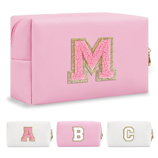 Personalized Initial A-Z Preppy Patch Makeup Bag,Small PU Leather Chenille Letter Cosmetic Bag with Zipper for Teen Girls,Pink Cute Travel Toiletry Bag,Birthday Monogrammed Gift for Daughter,Letter M