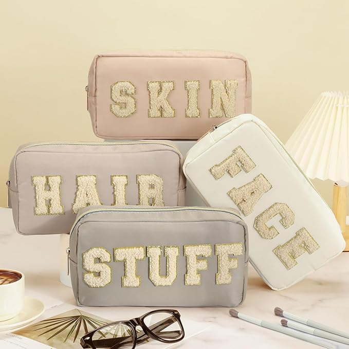 Cunno 4 Pcs Preppy Makeup Bags Chenille Letter Stuff Bag Nylon Cosmetic Pouch Cases with Zipper for Women Travel Toiletry