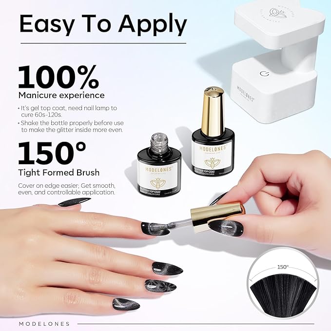 modelones Rainbow Cat Eye Gel Nail Polish Top Coat, 2-in-one 9D Glitter Clear Gel Polish with Magnet Stick Holographic Glossy Finish Long Lasting Soak Off Manicure Home Salon Nail Art 10 ML