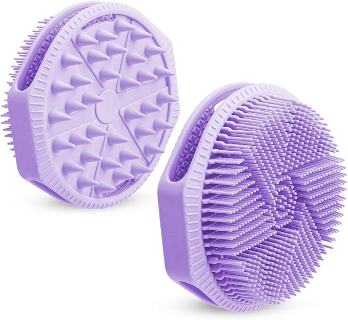 Silicone Shower Scrubber Women Men 2 Pack Exfoliating Body Scrubber Exfoliator Scalp Non-Slip Hollow Hand Glove Loofah Alternative Deep Clean Wash Dual-Sided Durable Scrub Bath Essentials Purple Pink