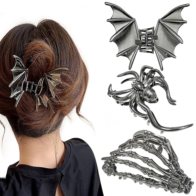 3Pcs Halloween Hair Claw Clips Bat Spider Hand Skeleton Design For Women And Girls,Metal Large Medium Size For Thick Thin Hair,Black Gun Headband Barrette For Styling Hair Accessories Party Gift