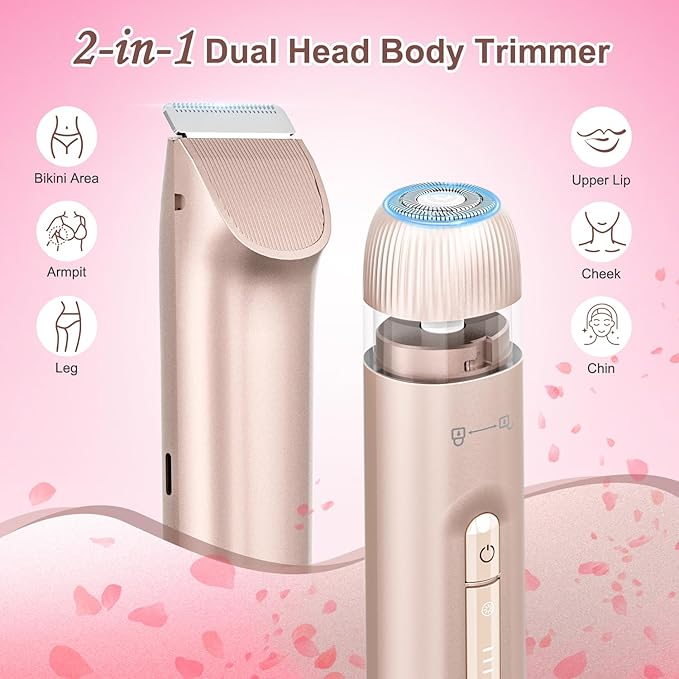 Bikini Trimmer for Women, 2 in 1 Electric Razors for Women Painless Body and Facial Hair Removal, IPX7 Waterproof Wet & Dry Use Bikini Trimmer for Ladies Pubic, Legs, Face, Underarms (Pink)