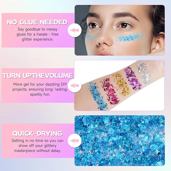 Blue Face Body Glitter,Mermaid Sequins Makeup Glitters Face Paint, Chunky Sparkling Glitter Gel for Women,Holographic Chunky Sequins Glitters for Eye Lip Hair Nails,Halloween Festival Rave Accessories
