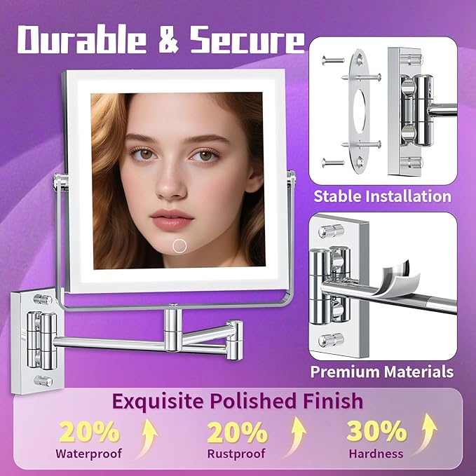 Wall Mounted Makeup Mirror with Lights 4000mAh Rechargeable Double Sided 1X/10X Magnifying Lighted Vanity Mirror with 3 Color Lights & Touch Dimmable 360° Rotation Extension Swing Arm for Bathroom