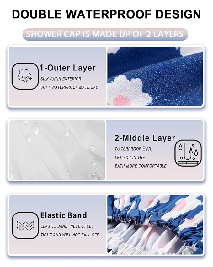 YIZIJIZI Shower Cap,Shower Caps for Women Reusable Waterproof,Two Layer Large Shower Caps Reusable Suitable for All Types of Straight Hair, Curly Hair, Long Hair,Braids (Blue flowers)