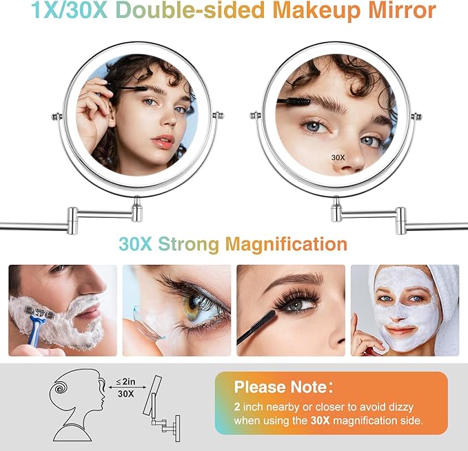 30X LED Lighted Makeup Mirror: 8.5in Wall Mounted Magnifying Mirror with Light - Chrome