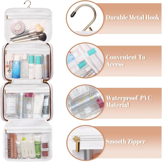 Hanging Travel Toiletry Bag,Large Capacity Cosmetic Travel Toiletry Organizer for Women with 4 Compartments & 1 Sturdy Hook,Perfect for Travel/Daily Use/Christmas