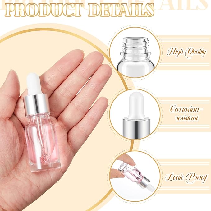 100 Pcs Mini Glass Oil Dropper Bottle Bulk, Clear Essential Small Empty Bottles Sample Containers Perfume Liquid Vials with Cap for Traveling (10 ml,Silver)