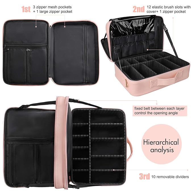 MONSTINA Cosmetic Bags 3 Layer Cosmetic Organizer Makeup Case Beauty Artist Storage Brush Box with Shoulder Strap (Large, PU Leather pink)