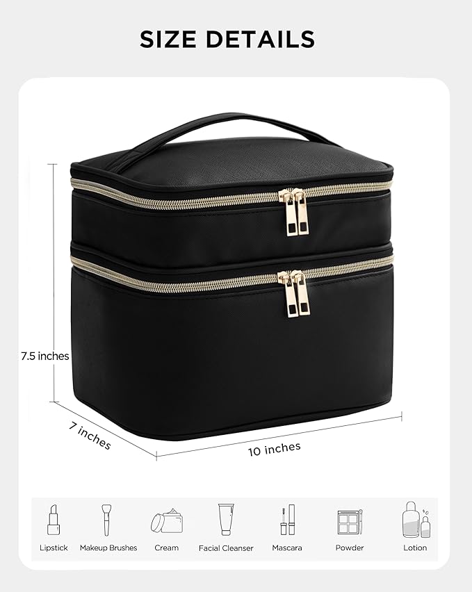 Makeup Bag for Women, X-Large Travel Makeup Bag Organizer, Portable Toiletry Bag, Cute Makeup Bags, Waterproof Leather Cosmetic Bag, Makeup Case with Removable Dividers, Black