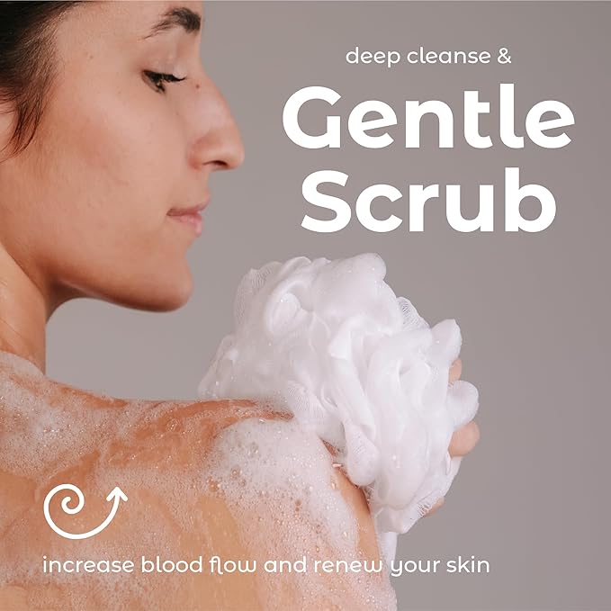 MainBasics Bath Shower Loofah Sponge Pouf Body Scrubber Exfoliator Body Wash Sponge (Set of 3, Snow White)