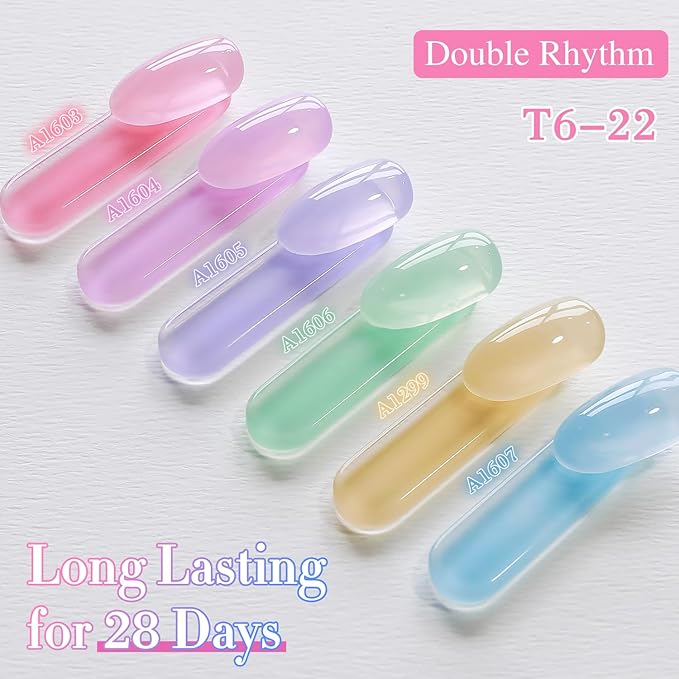 Double Rhythm 6 Pcs 15 ML Gel Polish Set Same Color Same Bottle Soak Off Gel Polish Kit Nail Art Manicure Salon DIY at Home for Women (Jelly Pink Purple Green Yellow Blue-T6-22)