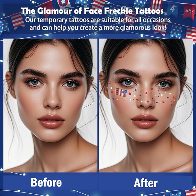 Yosca Independence Day Face Freckles Tattoo, 6Pcs Red White Blue 4th of July Temporary Tattoos for Patriotic Makeup, Waterproof Makeup Patches Fake Freckles for Memorial Day Veterans Day Flag Party