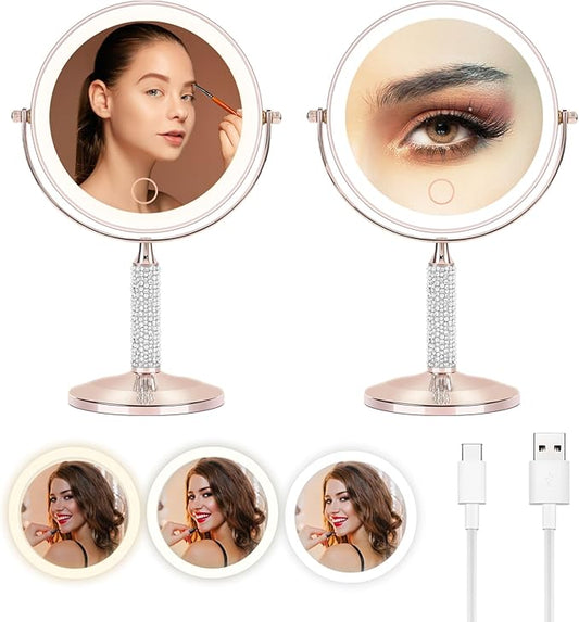 7" Rose Gold Glitter Diamond Rhinestone Makeup Mirror,360°Rotate Round Tabletop Vanity Mirror Double Sided 1X/10X HD Undistorted Magnifying Mirror,Portable Vanity Women Gift (Rose Gold)