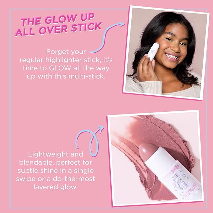 Petite N Pretty Glitter Makeup Set - Shimmering for Eyes, Cheeks, and Body - Glow Up Stick & All-Over Glitter in Pink Sherpa Bag for Kids, Teens, and Tweens (Bronze)